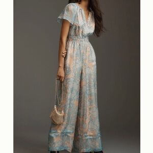 Anthropologie Somerset Blue Cream Floral Organza Silk Wide Leg Jumpsuit XS
